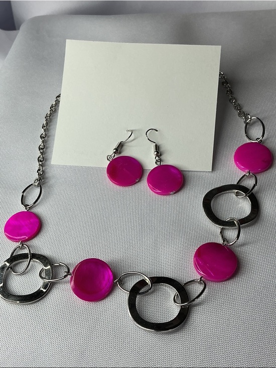 Jewelry - Hot Pink Statement Necklace & Earrings Set Silver Tone Bold Jewelry